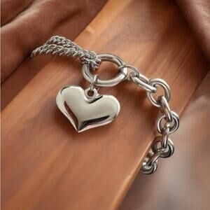 NEW 18K White gold plated heart double chain charm bracelet jewelry gift B21
